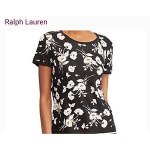 Ralph Lauren LAUREN Black Floral Short Sleeve Tee Top Size Large